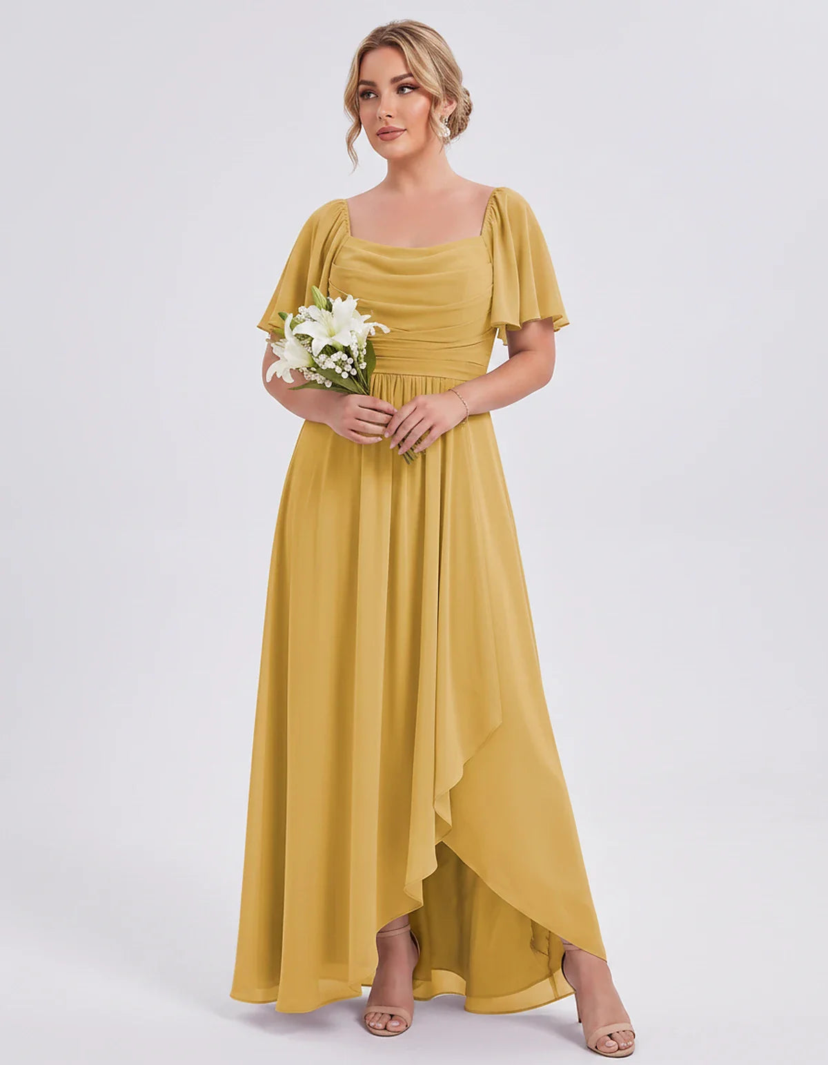 Chiffon Flutter Sleeve Square Neck A-Line Maxi Dress for Party, Cocktail, Evening, Wedding Guest, Summer Formal Events, front | SKU: CD-123456789012345-MUSTARD-L,CD-123456789012345-MUSTARD-M,CD-123456789012345-MUSTARD-S,CD-123456789012345-MUSTARD-XL,CD-123456789012345-MUSTARD-XS