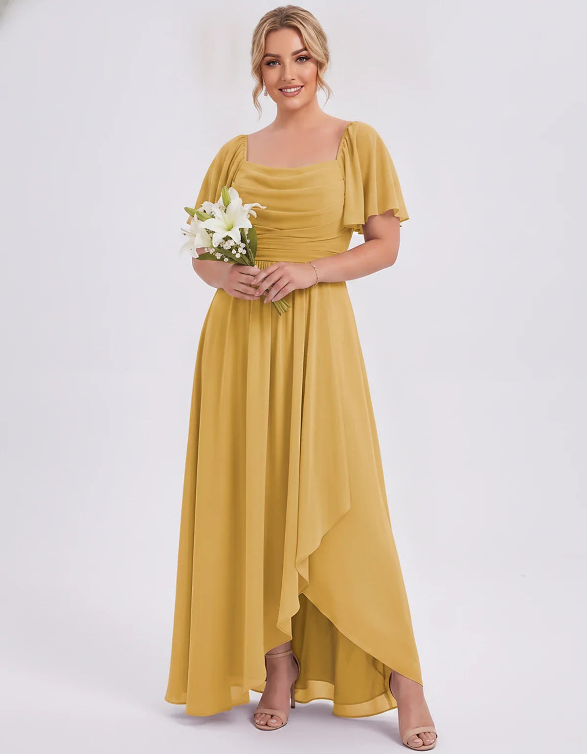 Chiffon Flutter Sleeve Square Neck A-Line Maxi Dress for Party, Cocktail, Evening, Wedding Guest, Summer Formal Events, front | SKU: CD-123456789012345-MUSTARD-L,CD-123456789012345-MUSTARD-M,CD-123456789012345-MUSTARD-S,CD-123456789012345-MUSTARD-XL,CD-123456789012345-MUSTARD-XS