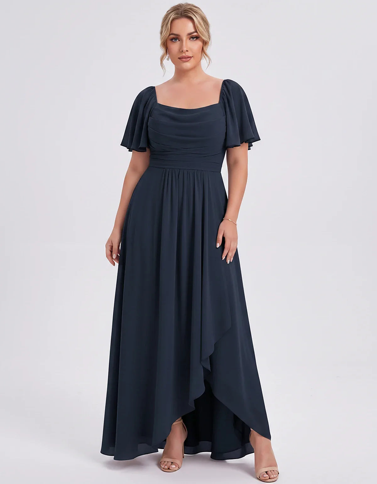 Chiffon Flutter Sleeve Square Neck A-Line Maxi Dress for Party, Cocktail, Evening, Wedding Guest, Summer Formal Events, front | SKU: CD-123456789012345-NAVY-L,CD-123456789012345-NAVY-M,CD-123456789012345-NAVY-S,CD-123456789012345-NAVY-XL,CD-123456789012345-NAVY-XS
