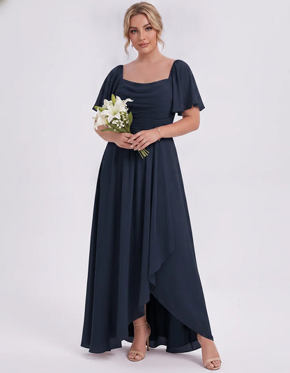 Chiffon Flutter Sleeve Square Neck A-Line Maxi Dress for Party, Cocktail, Evening, Wedding Guest, Summer Formal Events, front | SKU: CD-123456789012345-NAVY-L,CD-123456789012345-NAVY-M,CD-123456789012345-NAVY-S,CD-123456789012345-NAVY-XL,CD-123456789012345-NAVY-XS