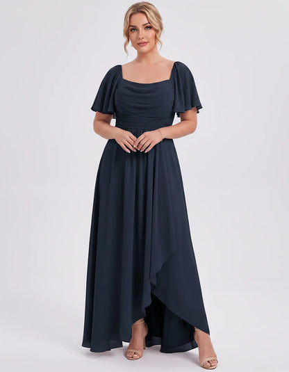Chiffon Flutter Sleeve Square Neck A-Line Maxi Dress for Party, Cocktail, Evening, Wedding Guest, Summer Formal Events, front | SKU: CD-123456789012345-NAVY-L,CD-123456789012345-NAVY-M,CD-123456789012345-NAVY-S,CD-123456789012345-NAVY-XL,CD-123456789012345-NAVY-XS