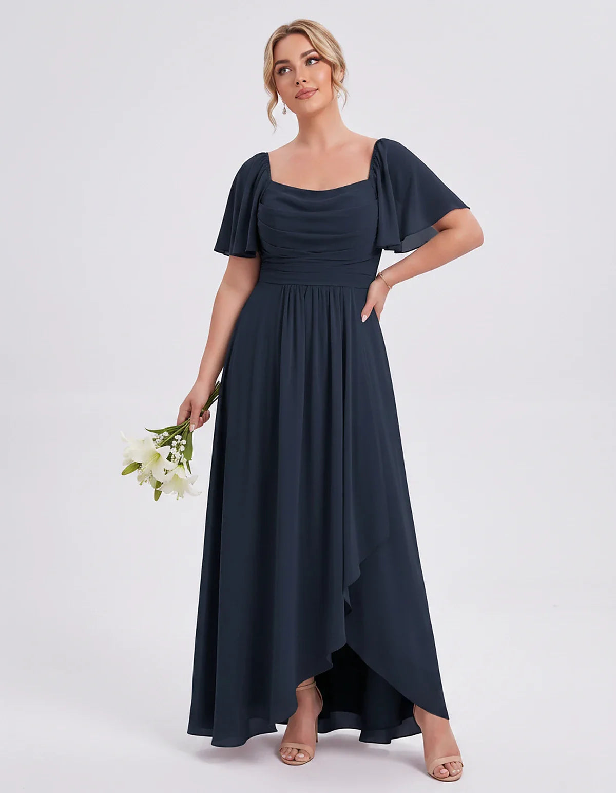Chiffon Flutter Sleeve Square Neck A-Line Maxi Dress for Party, Cocktail, Evening, Wedding Guest, Summer Formal Events, front | SKU: CD-123456789012345-NAVY-L,CD-123456789012345-NAVY-M,CD-123456789012345-NAVY-S,CD-123456789012345-NAVY-XL,CD-123456789012345-NAVY-XS