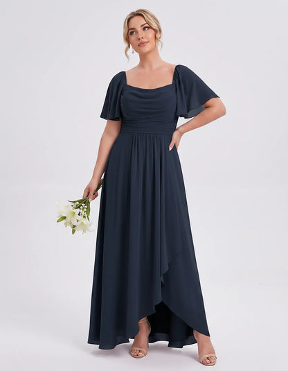 Chiffon Flutter Sleeve Square Neck A-Line Maxi Dress for Party, Cocktail, Evening, Wedding Guest, Summer Formal Events, front | SKU: CD-123456789012345-NAVY-L,CD-123456789012345-NAVY-M,CD-123456789012345-NAVY-S,CD-123456789012345-NAVY-XL,CD-123456789012345-NAVY-XS