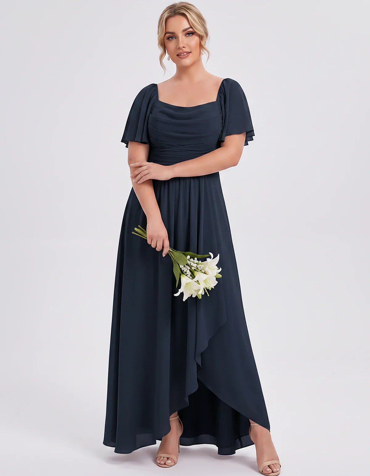 Chiffon Flutter Sleeve Square Neck A-Line Maxi Dress for Party, Cocktail, Evening, Wedding Guest, Summer Formal Events, front | SKU: CD-123456789012345-NAVY-L,CD-123456789012345-NAVY-M,CD-123456789012345-NAVY-S,CD-123456789012345-NAVY-XL,CD-123456789012345-NAVY-XS