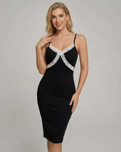 Celeste Midi Dress featuring lace accents, perfect for upscale gatherings, from RAMBLION, elegant and comfortable.
