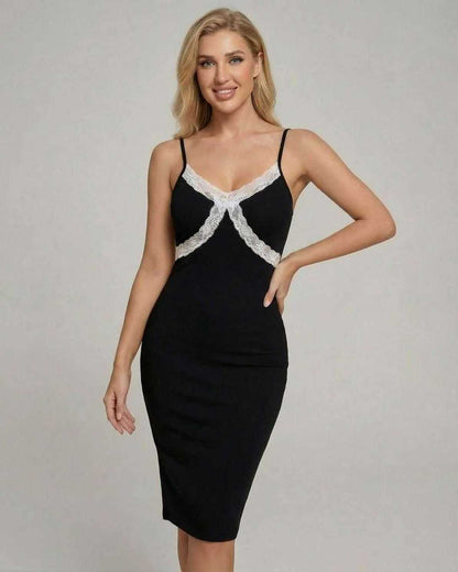 Celeste Midi Dress in black with lace accents, perfect for cocktail parties and upscale gatherings by RAMBLION.