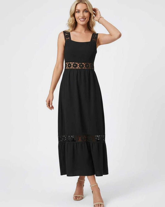 Celeste Midi Dress by RAMBLION featuring elegant lace insets and a chic, contemporary silhouette.