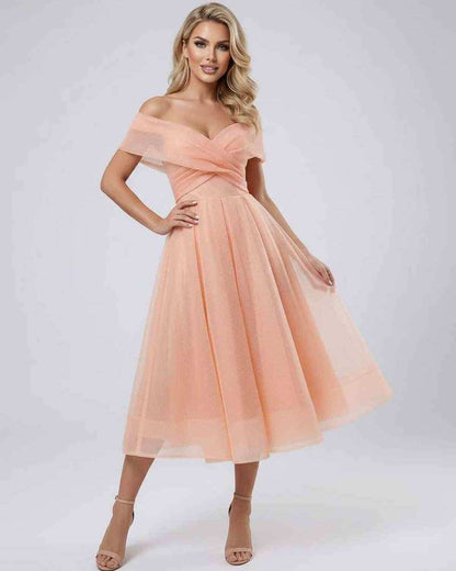 Celeste Midi Dress by RAMBLION, sexy off shoulder elegant fashion dress in soft peach for special occasions