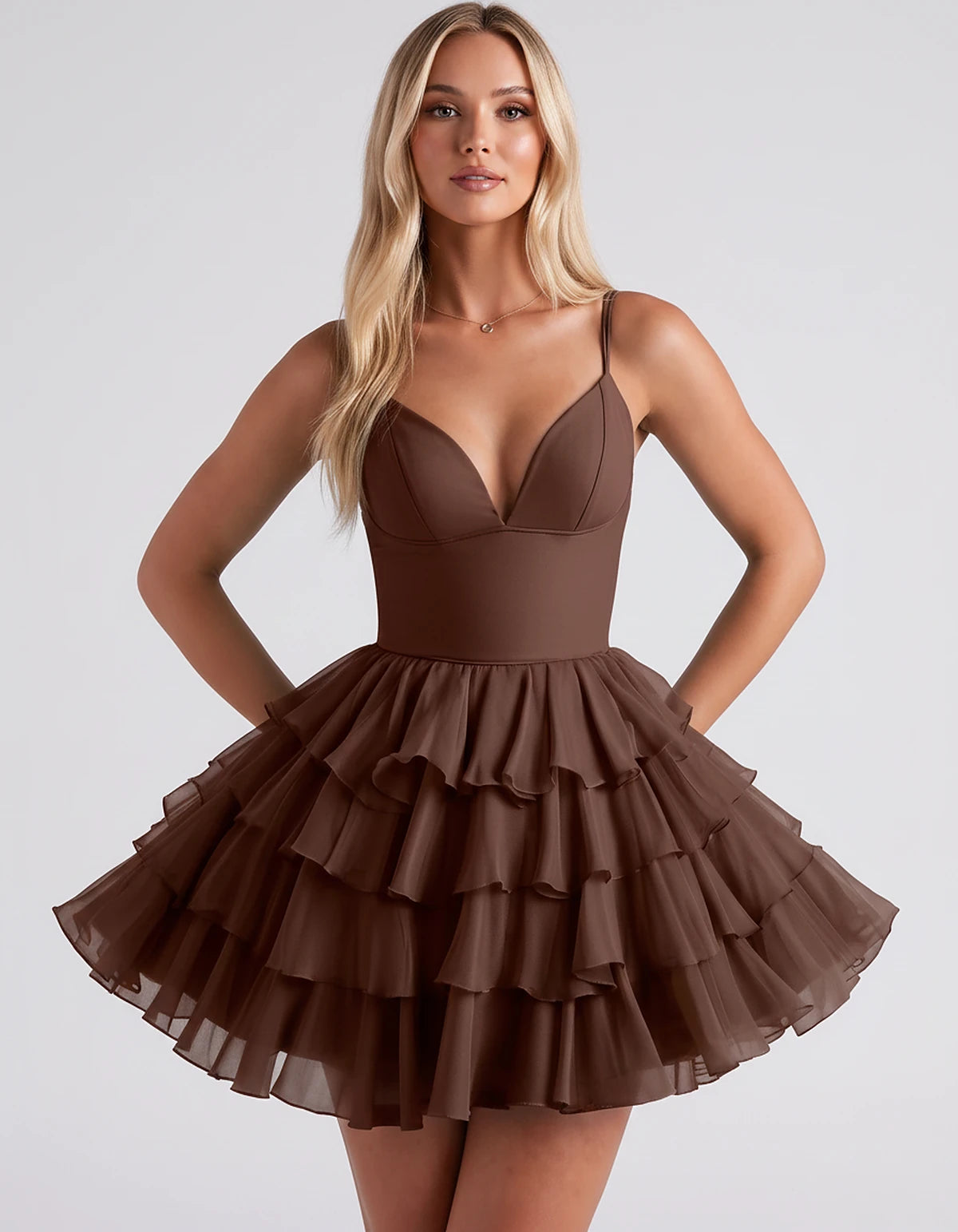 Chiffon Spaghetti Strap Deep V Neck Tiered Ruffle Mini Dress for Homecoming, Graduation, Cocktail, Party, Evening and Summer 