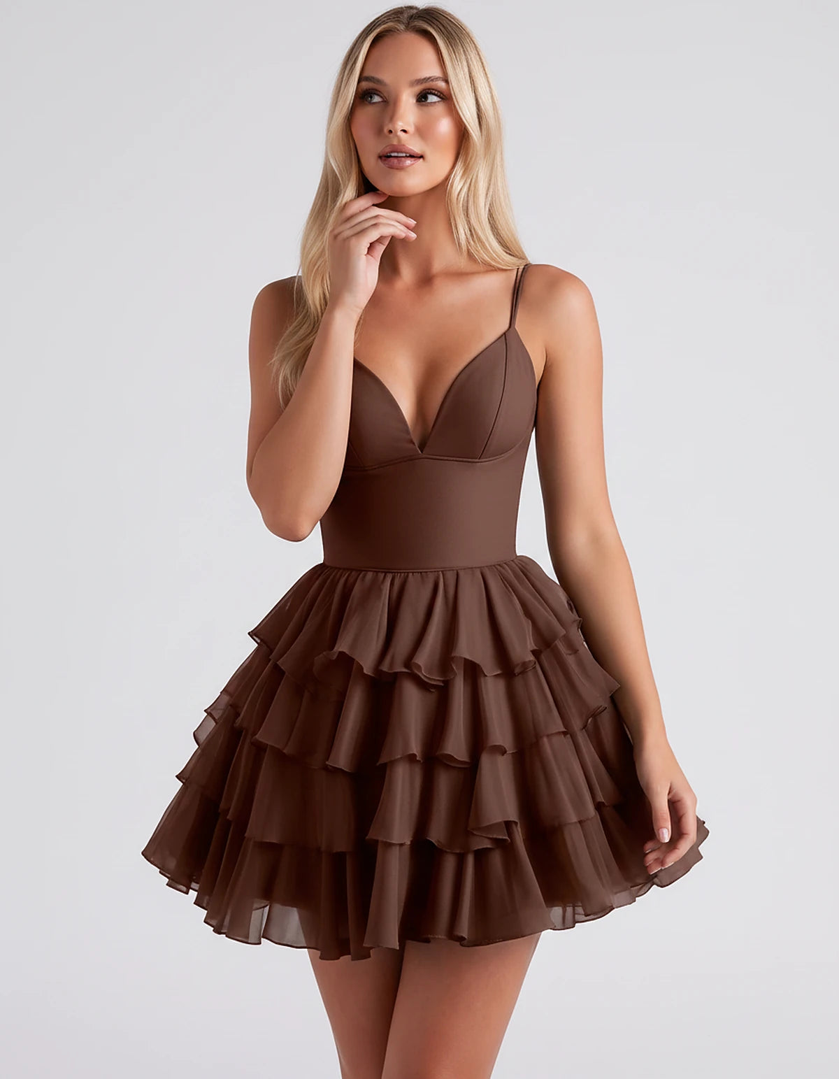 Chiffon Spaghetti Strap Deep V Neck Tiered Ruffle Mini Dress for Homecoming, Graduation, Cocktail, Party, Evening and Summer 