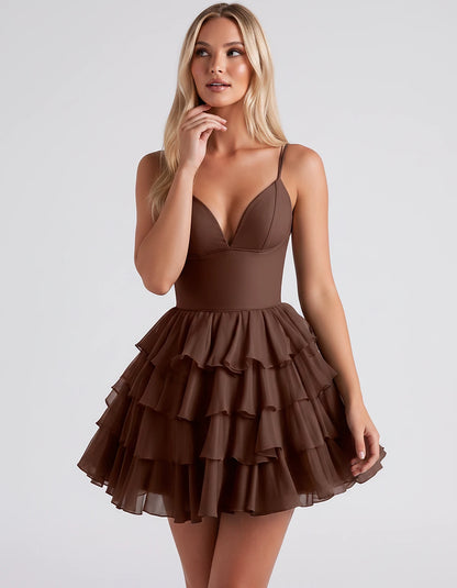 Chiffon Spaghetti Strap Deep V Neck Tiered Ruffle Mini Dress for Homecoming, Graduation, Cocktail, Party, Evening and Summer 