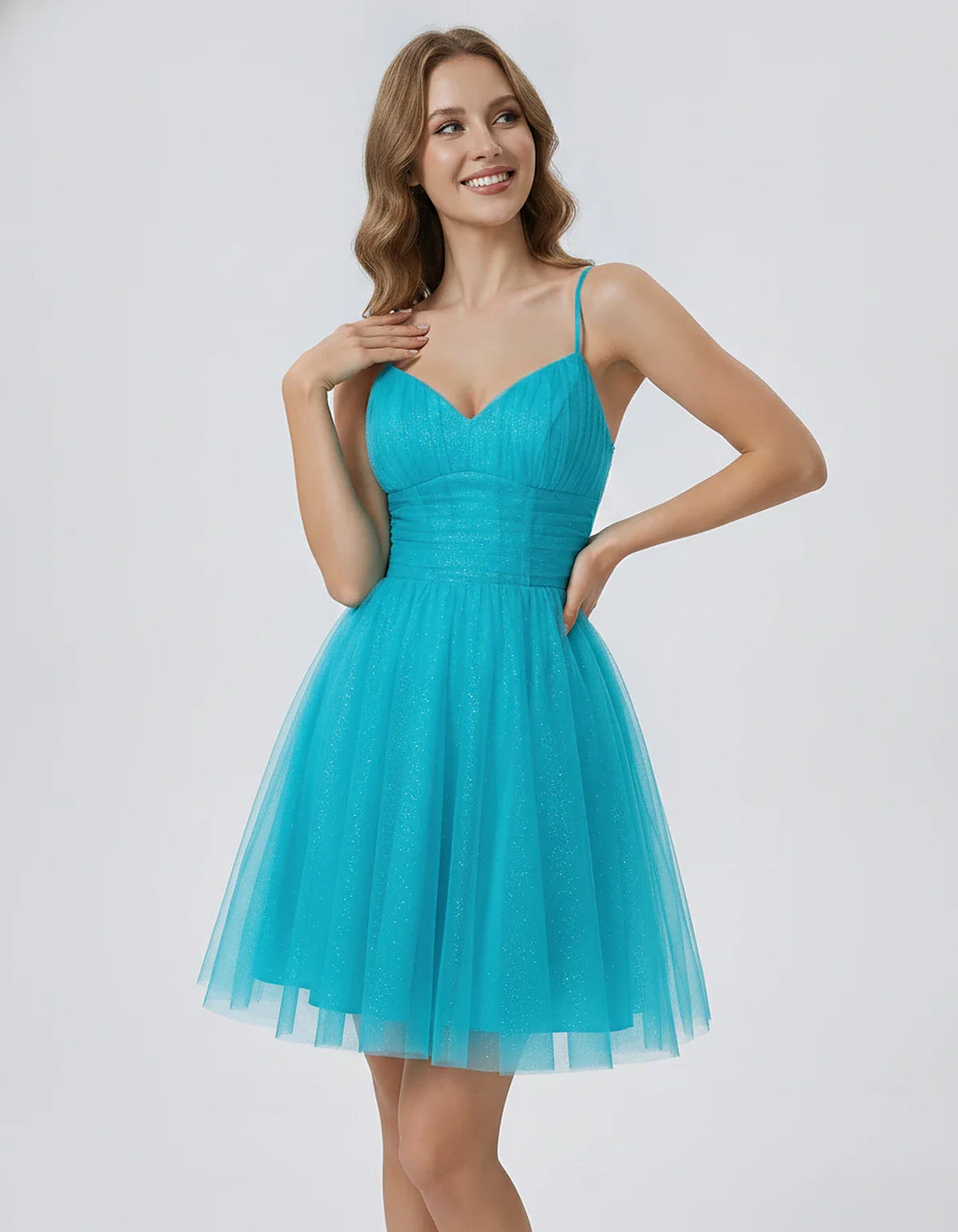 Polyester Tulle Spaghetti Strap V Neck A Line Mini Dress for Party Cocktail Evening Wedding Guest Summer Events Elegant Spark | SKU: MD-482915736102583-AQUA-L,MD-482915736102583-AQUA-M,MD-482915736102583-AQUA-S,MD-482915736102583-AQUA-XL,MD-482915736102583-AQUA-XS