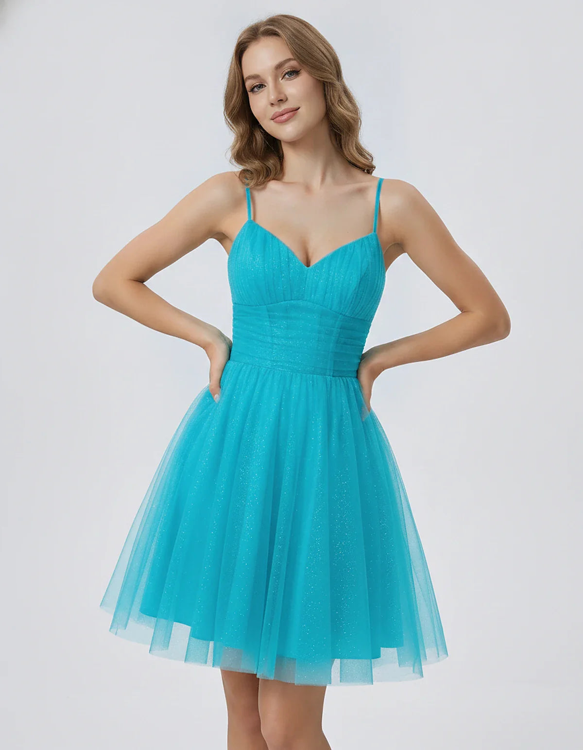 Polyester Tulle Spaghetti Strap V Neck A Line Mini Dress for Party Cocktail Evening Wedding Guest Summer Events Elegant Spark | SKU: MD-482915736102583-AQUA-L,MD-482915736102583-AQUA-M,MD-482915736102583-AQUA-S,MD-482915736102583-AQUA-XL,MD-482915736102583-AQUA-XS