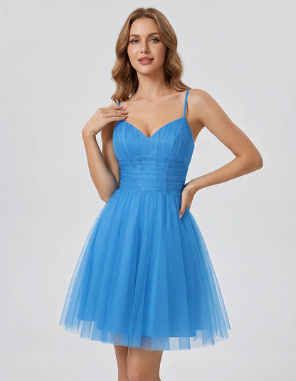 Polyester Tulle Spaghetti Strap V Neck A Line Mini Dress for Party Cocktail Evening Wedding Guest Summer Events Elegant Spark | SKU: MD-482915736102583-BLUE-L,MD-482915736102583-BLUE-M,MD-482915736102583-BLUE-S,MD-482915736102583-BLUE-XL,MD-482915736102583-BLUE-XS