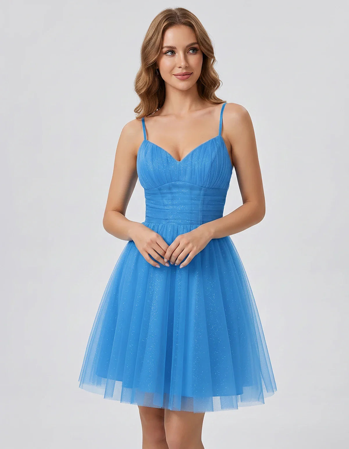 Polyester Tulle Spaghetti Strap V Neck A Line Mini Dress for Party Cocktail Evening Wedding Guest Summer Events Elegant Spark | SKU: MD-482915736102583-BLUE-L,MD-482915736102583-BLUE-M,MD-482915736102583-BLUE-S,MD-482915736102583-BLUE-XL,MD-482915736102583-BLUE-XS