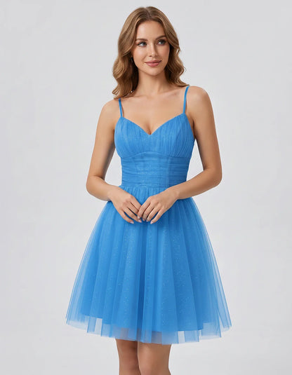 Polyester Tulle Spaghetti Strap V Neck A Line Mini Dress for Party Cocktail Evening Wedding Guest Summer Events Elegant Spark | SKU: MD-482915736102583-BLUE-L,MD-482915736102583-BLUE-M,MD-482915736102583-BLUE-S,MD-482915736102583-BLUE-XL,MD-482915736102583-BLUE-XS