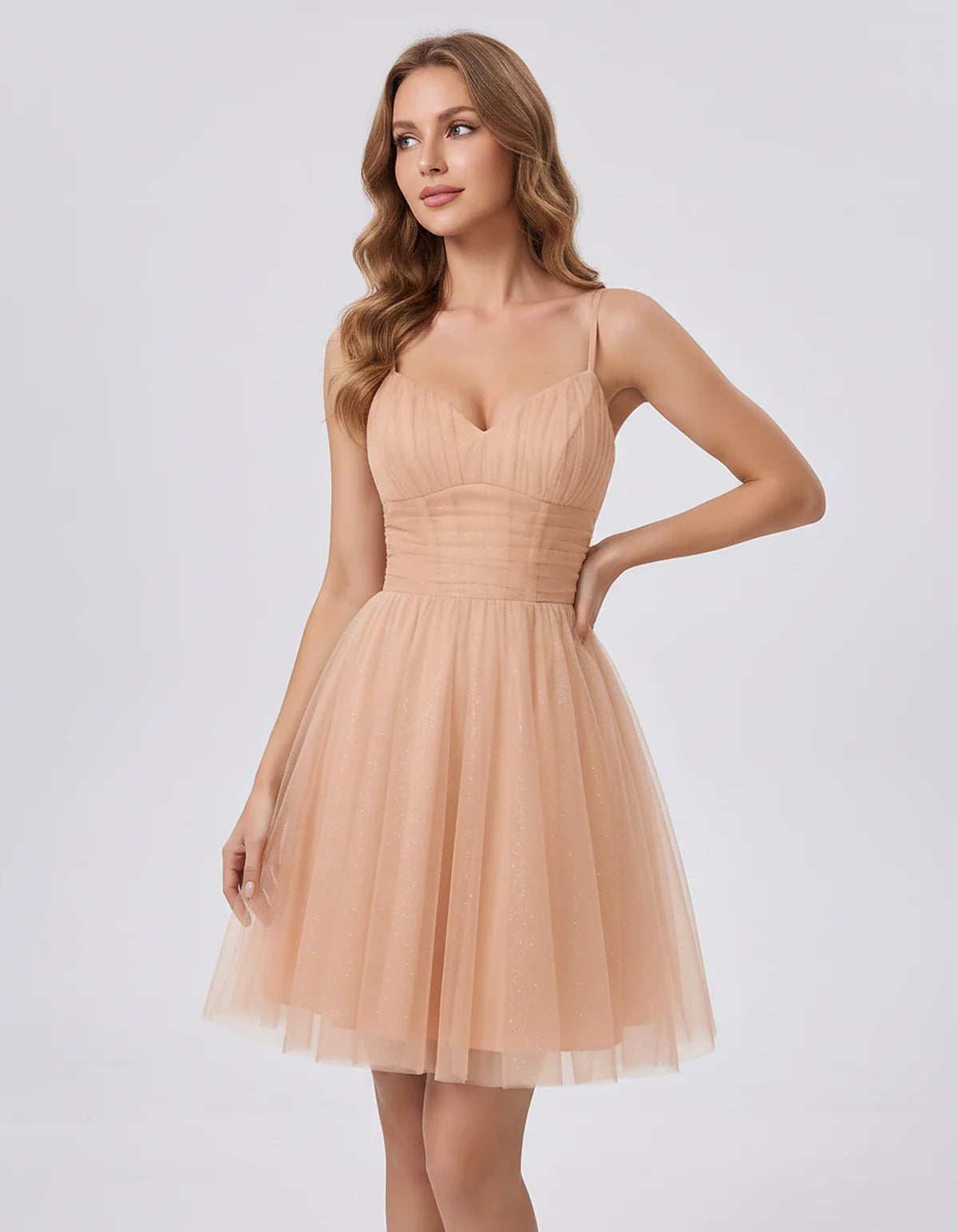 Polyester Tulle Spaghetti Strap V Neck A Line Mini Dress for Party Cocktail Evening Wedding Guest Summer Events Elegant Spark | SKU: MD-482915736102583-BLUSH-L,MD-482915736102583-BLUSH-M,MD-482915736102583-BLUSH-S,MD-482915736102583-BLUSH-XL,MD-482915736102583-BLUSH-XS