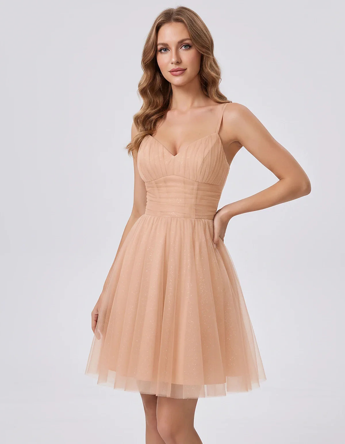 Polyester Tulle Spaghetti Strap V Neck A Line Mini Dress for Party Cocktail Evening Wedding Guest Summer Events Elegant Spark | SKU: MD-482915736102583-BLUSH-L,MD-482915736102583-BLUSH-M,MD-482915736102583-BLUSH-S,MD-482915736102583-BLUSH-XL,MD-482915736102583-BLUSH-XS