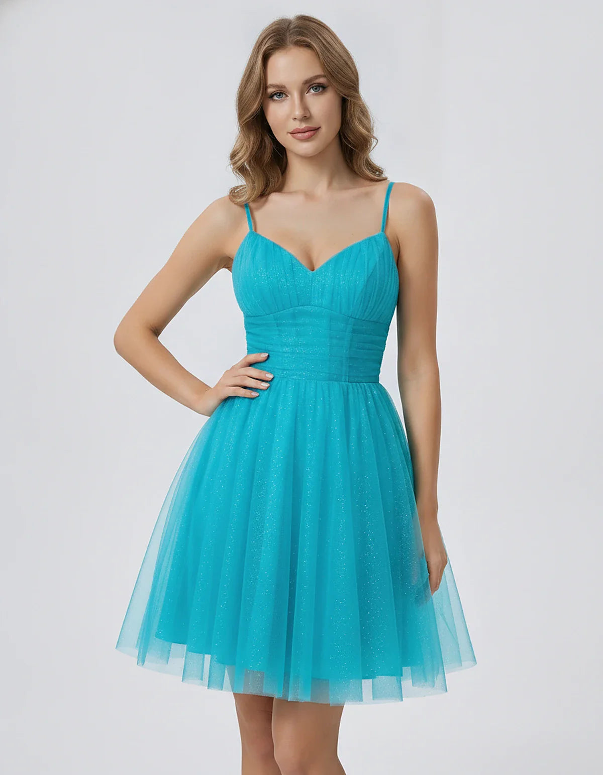 Polyester Tulle Spaghetti Strap V Neck A Line Mini Dress for Party Cocktail Evening Wedding Guest Summer Events Elegant Spark | SKU: MD-482915736102583-AQUA-L,MD-482915736102583-AQUA-M,MD-482915736102583-AQUA-S,MD-482915736102583-AQUA-XL,MD-482915736102583-AQUA-XS