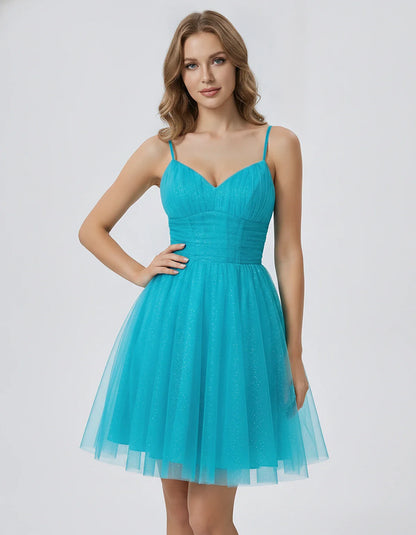Polyester Tulle Spaghetti Strap V Neck A Line Mini Dress for Party Cocktail Evening Wedding Guest Summer Events Elegant Spark | SKU: MD-482915736102583-AQUA-L,MD-482915736102583-AQUA-M,MD-482915736102583-AQUA-S,MD-482915736102583-AQUA-XL,MD-482915736102583-AQUA-XS