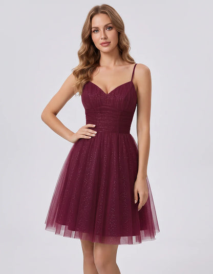 Polyester Tulle Spaghetti Strap V Neck A Line Mini Dress for Party Cocktail Evening Wedding Guest Summer Events Elegant Spark | SKU: MD-482915736102583-BURGUNDY-L,MD-482915736102583-BURGUNDY-M,MD-482915736102583-BURGUNDY-S,MD-482915736102583-BURGUNDY-XL,MD-482915736102583-BURGUNDY-XS