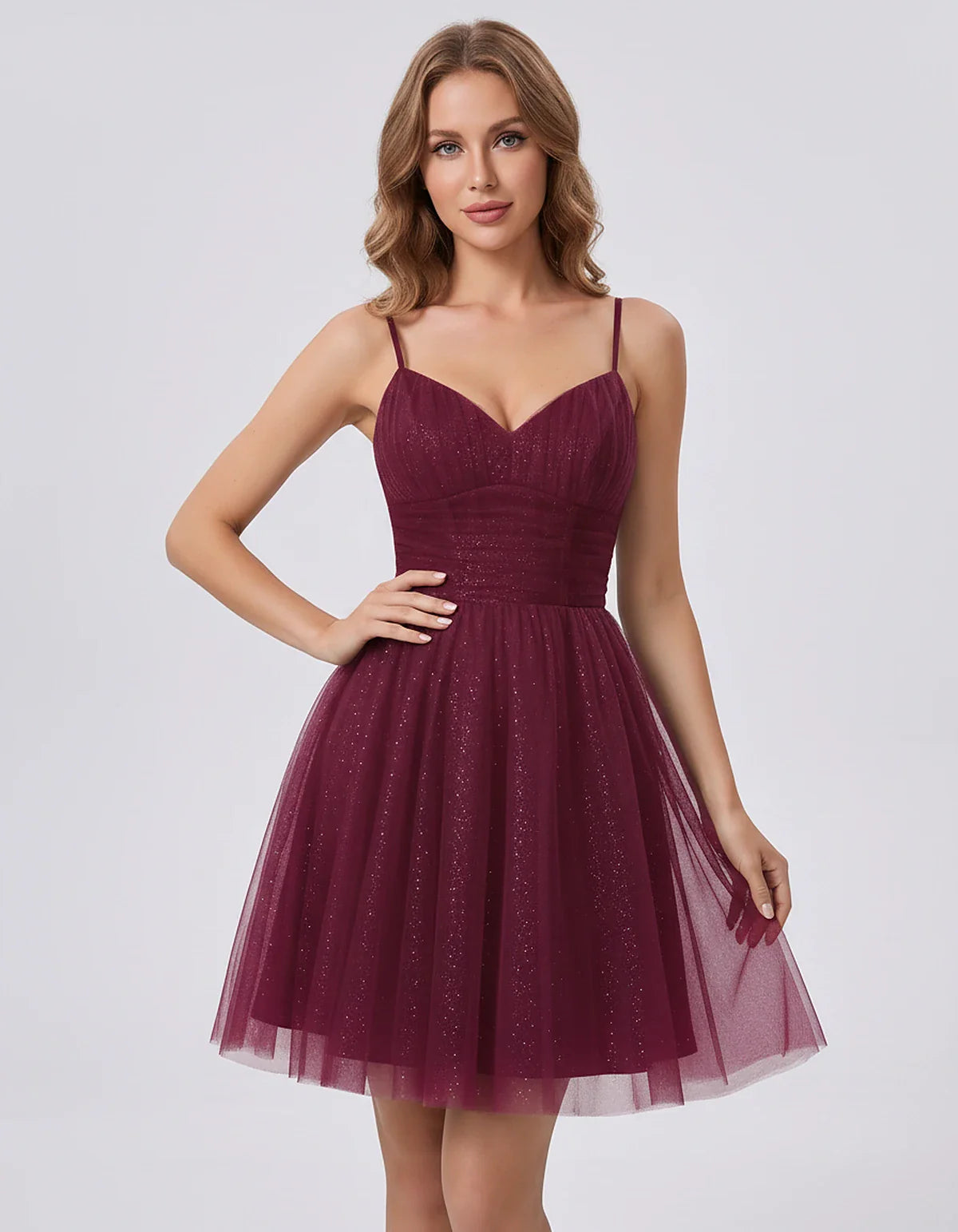 Polyester Tulle Spaghetti Strap V Neck A Line Mini Dress for Party Cocktail Evening Wedding Guest Summer Events Elegant Spark | SKU: MD-482915736102583-BURGUNDY-L,MD-482915736102583-BURGUNDY-M,MD-482915736102583-BURGUNDY-S,MD-482915736102583-BURGUNDY-XL,MD-482915736102583-BURGUNDY-XS