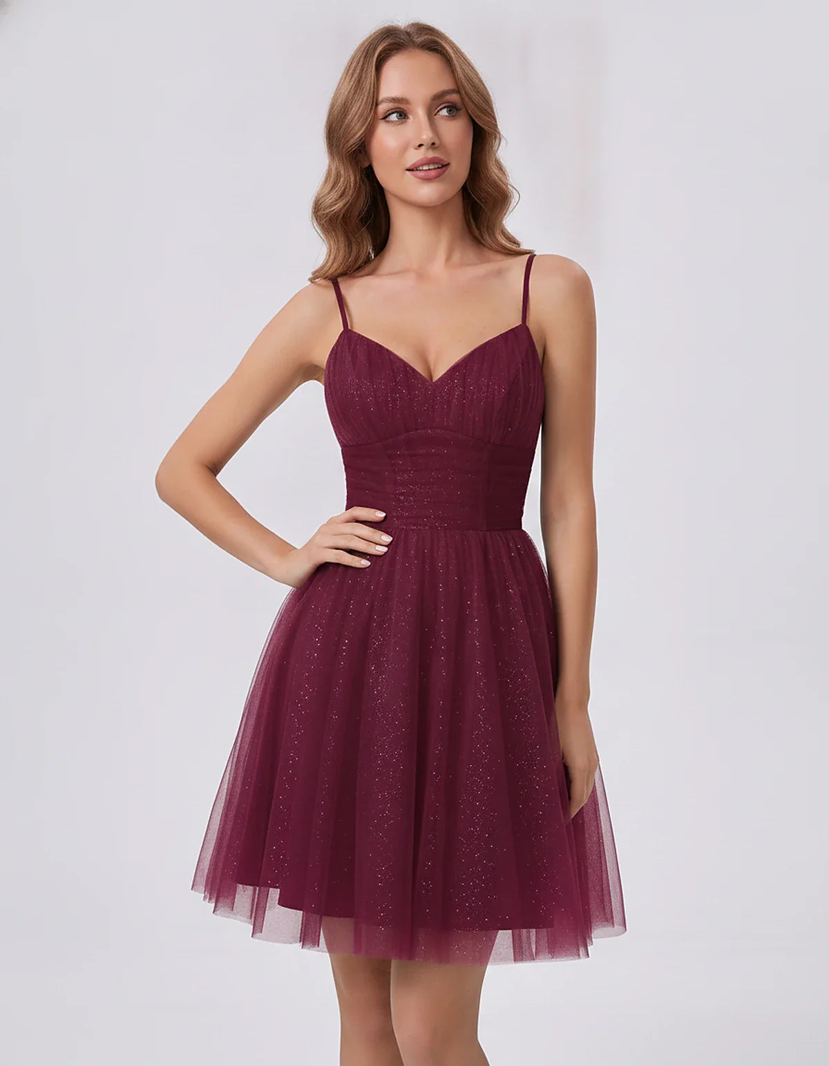 Polyester Tulle Spaghetti Strap V Neck A Line Mini Dress for Party Cocktail Evening Wedding Guest Summer Events Elegant Spark | SKU: MD-482915736102583-BURGUNDY-L,MD-482915736102583-BURGUNDY-M,MD-482915736102583-BURGUNDY-S,MD-482915736102583-BURGUNDY-XL,MD-482915736102583-BURGUNDY-XS