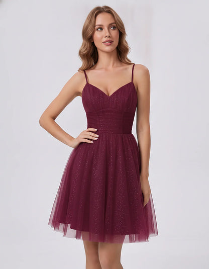 Polyester Tulle Spaghetti Strap V Neck A Line Mini Dress for Party Cocktail Evening Wedding Guest Summer Events Elegant Spark | SKU: MD-482915736102583-BURGUNDY-L,MD-482915736102583-BURGUNDY-M,MD-482915736102583-BURGUNDY-S,MD-482915736102583-BURGUNDY-XL,MD-482915736102583-BURGUNDY-XS