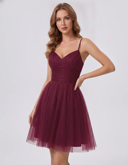 Polyester Tulle Spaghetti Strap V Neck A Line Mini Dress for Party Cocktail Evening Wedding Guest Summer Events Elegant Spark | SKU: MD-482915736102583-BURGUNDY-L,MD-482915736102583-BURGUNDY-M,MD-482915736102583-BURGUNDY-S,MD-482915736102583-BURGUNDY-XL,MD-482915736102583-BURGUNDY-XS