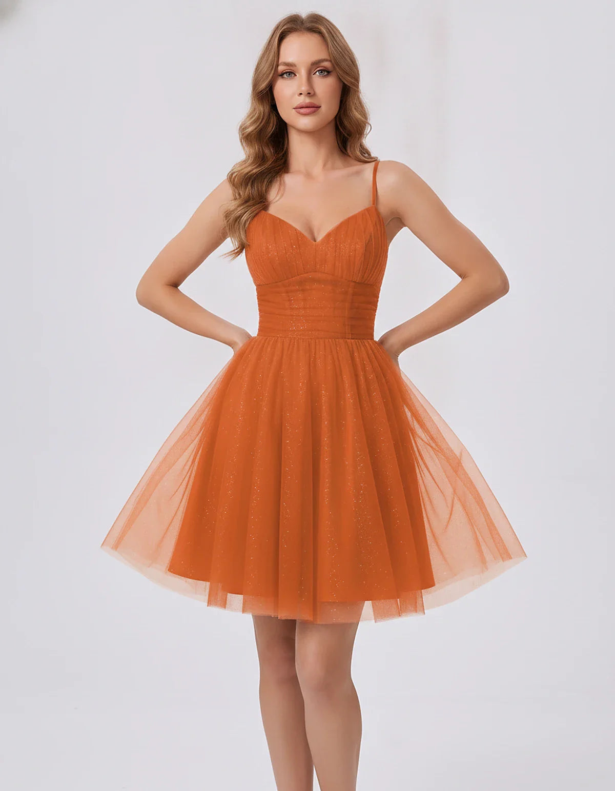 Polyester Tulle Spaghetti Strap V Neck A Line Mini Dress for Party Cocktail Evening Wedding Guest Summer Events Elegant Spark | SKU: MD-482915736102583-BURNTORANGE-L,MD-482915736102583-BURNTORANGE-M,MD-482915736102583-BURNTORANGE-S,MD-482915736102583-BURNTORANGE-XL,MD-482915736102583-BURNTORANGE-XS