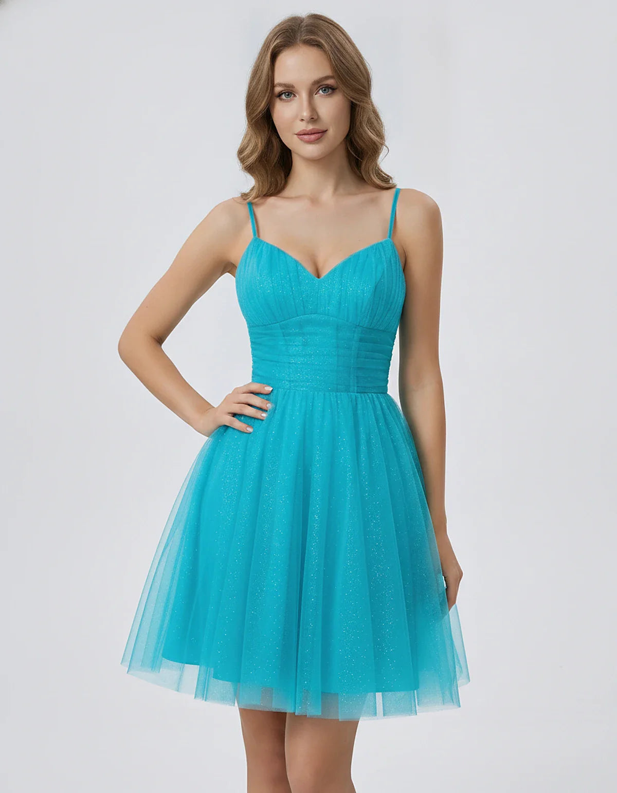 Polyester Tulle Spaghetti Strap V Neck A Line Mini Dress for Party Cocktail Evening Wedding Guest Summer Events Elegant Spark | SKU: MD-482915736102583-AQUA-L,MD-482915736102583-AQUA-M,MD-482915736102583-AQUA-S,MD-482915736102583-AQUA-XL,MD-482915736102583-AQUA-XS