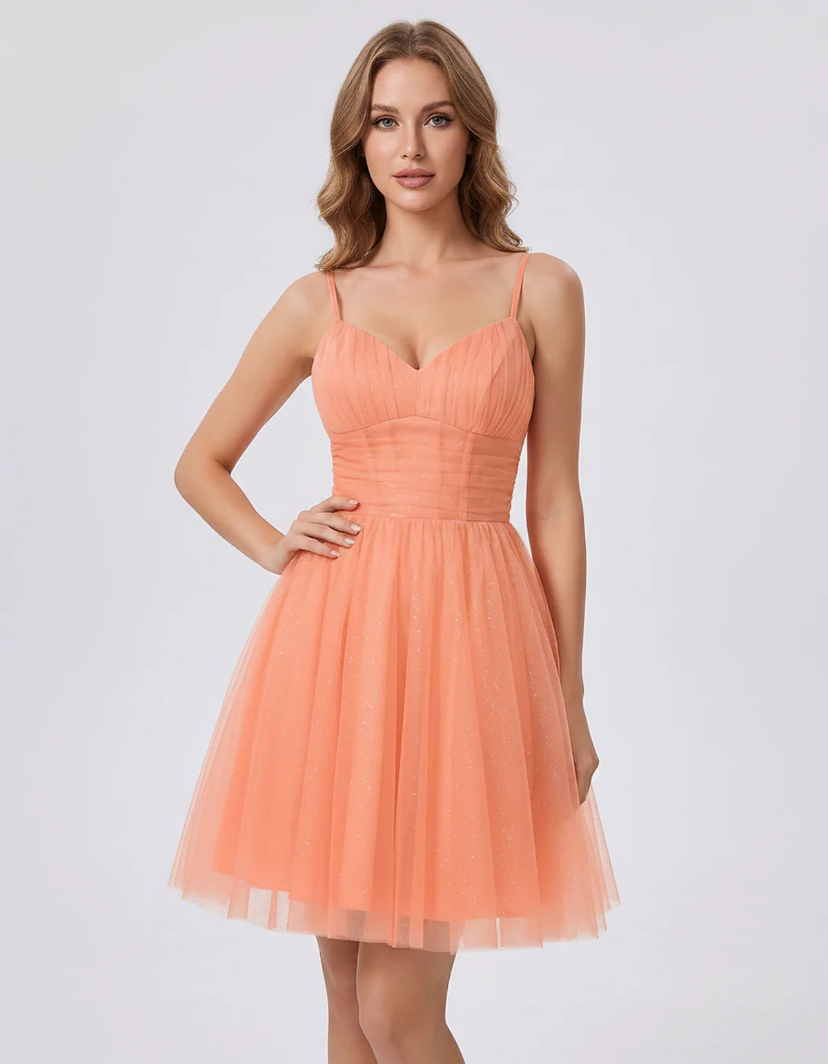 Polyester Tulle Spaghetti Strap V Neck A Line Mini Dress for Party Cocktail Evening Wedding Guest Summer Events Elegant Spark | SKU: MD-482915736102583-CORAL-L,MD-482915736102583-CORAL-M,MD-482915736102583-CORAL-S,MD-482915736102583-CORAL-XL,MD-482915736102583-CORAL-XS