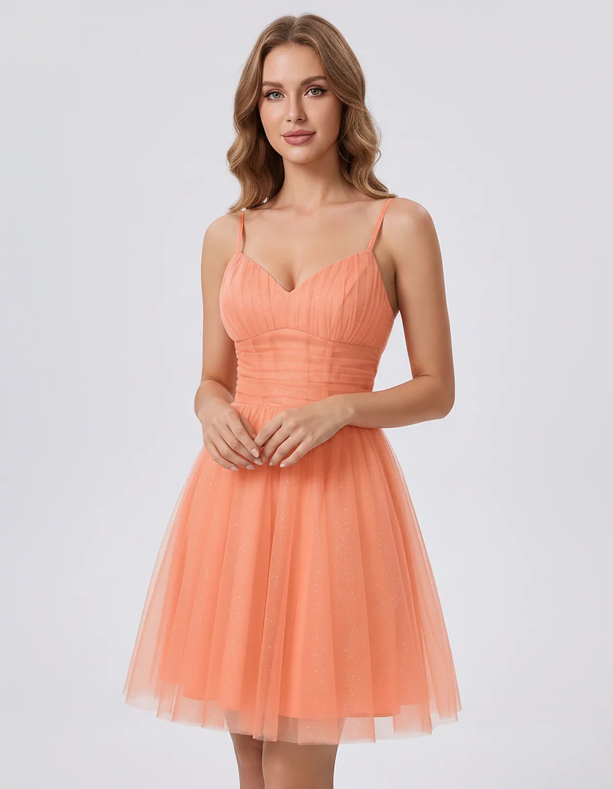 Polyester Tulle Spaghetti Strap V Neck A Line Mini Dress for Party Cocktail Evening Wedding Guest Summer Events Elegant Spark | SKU: MD-482915736102583-CORAL-L,MD-482915736102583-CORAL-M,MD-482915736102583-CORAL-S,MD-482915736102583-CORAL-XL,MD-482915736102583-CORAL-XS