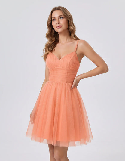Polyester Tulle Spaghetti Strap V Neck A Line Mini Dress for Party Cocktail Evening Wedding Guest Summer Events Elegant Spark | SKU: MD-482915736102583-CORAL-L,MD-482915736102583-CORAL-M,MD-482915736102583-CORAL-S,MD-482915736102583-CORAL-XL,MD-482915736102583-CORAL-XS