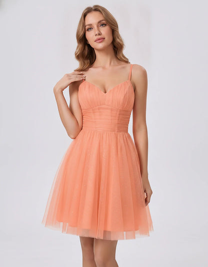 Polyester Tulle Spaghetti Strap V Neck A Line Mini Dress for Party Cocktail Evening Wedding Guest Summer Events Elegant Spark | SKU: MD-482915736102583-CORAL-L,MD-482915736102583-CORAL-M,MD-482915736102583-CORAL-S,MD-482915736102583-CORAL-XL,MD-482915736102583-CORAL-XS