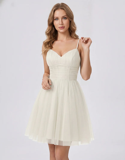 Polyester Tulle Spaghetti Strap V Neck A Line Mini Dress for Party Cocktail Evening Wedding Guest Summer Events Elegant Spark | SKU: MD-482915736102583-IVORY-L,MD-482915736102583-IVORY-M,MD-482915736102583-IVORY-S,MD-482915736102583-IVORY-XL,MD-482915736102583-IVORY-XS
