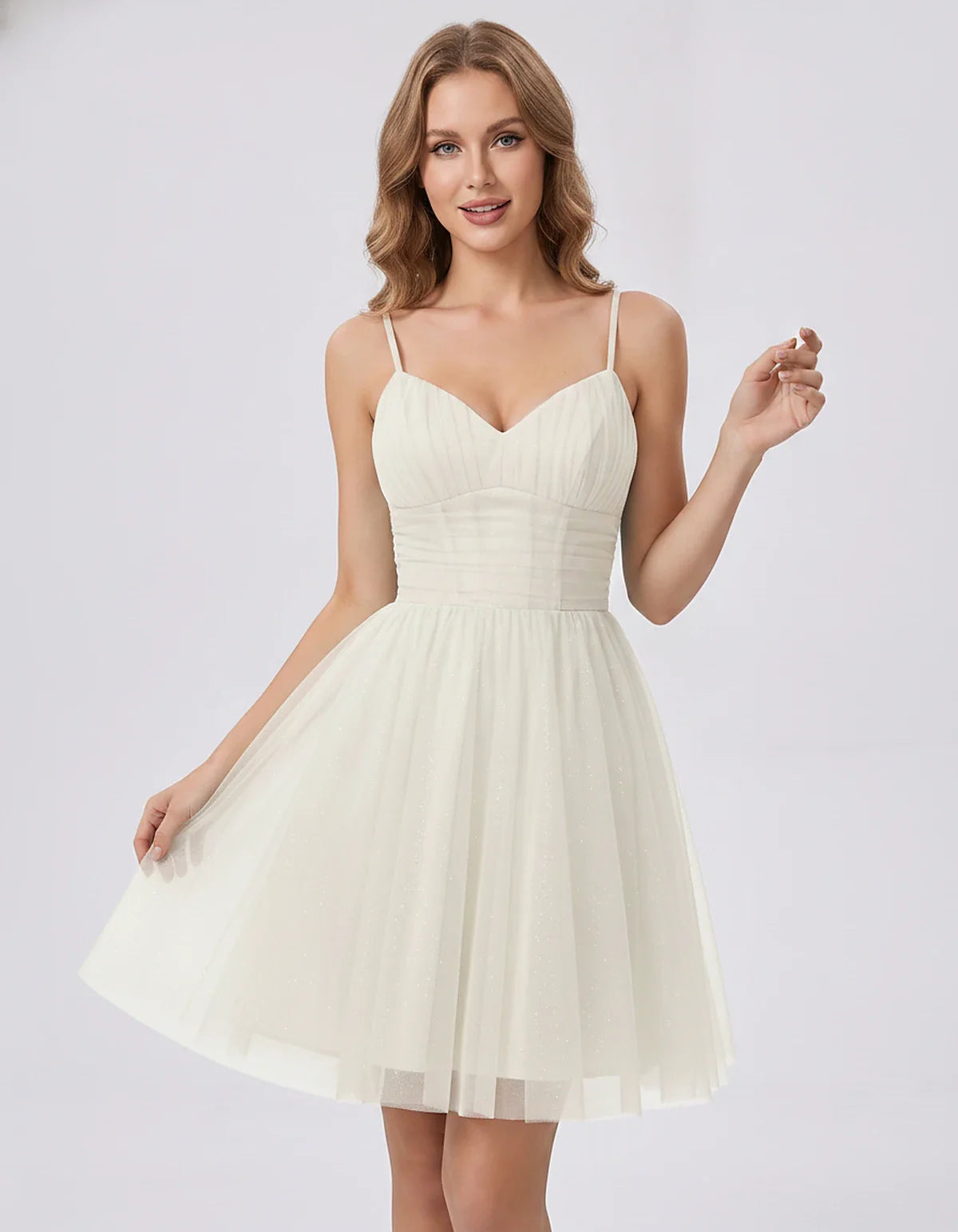 Polyester Tulle Spaghetti Strap V Neck A Line Mini Dress for Party Cocktail Evening Wedding Guest Summer Events Elegant Spark | SKU: MD-482915736102583-IVORY-L,MD-482915736102583-IVORY-M,MD-482915736102583-IVORY-S,MD-482915736102583-IVORY-XL,MD-482915736102583-IVORY-XS