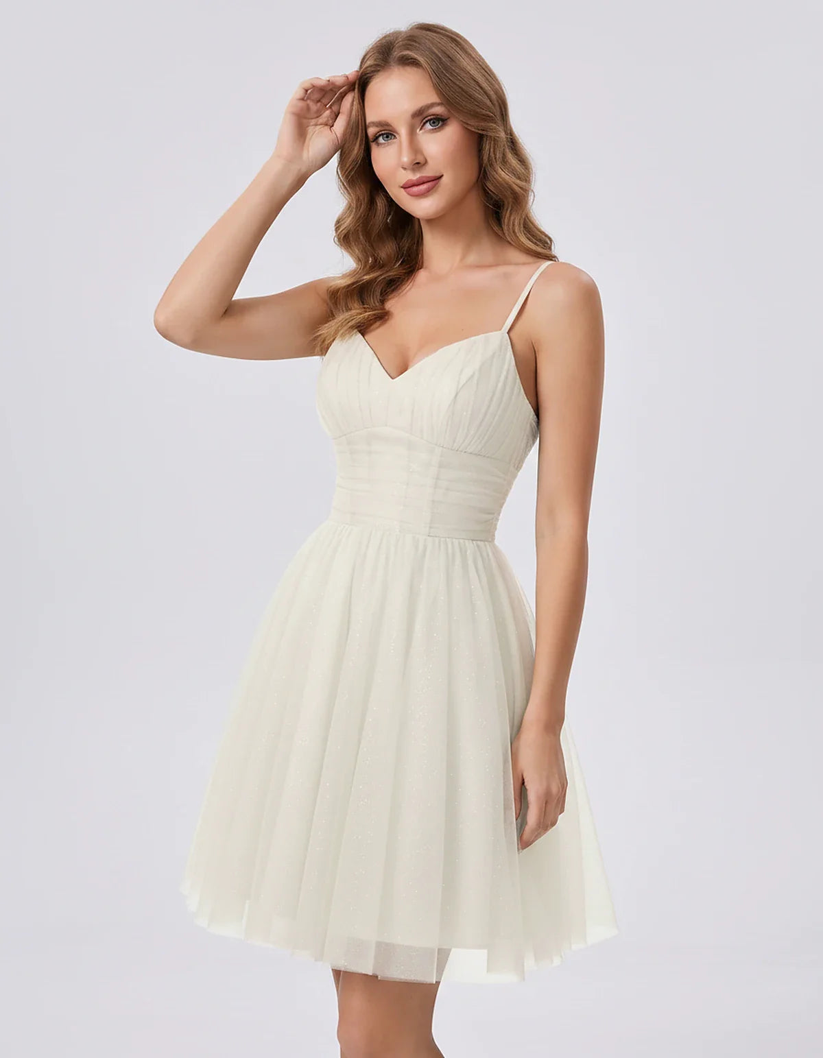 Polyester Tulle Spaghetti Strap V Neck A Line Mini Dress for Party Cocktail Evening Wedding Guest Summer Events Elegant Spark | SKU: MD-482915736102583-IVORY-L,MD-482915736102583-IVORY-M,MD-482915736102583-IVORY-S,MD-482915736102583-IVORY-XL,MD-482915736102583-IVORY-XS
