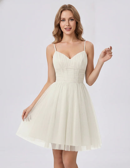 Polyester Tulle Spaghetti Strap V Neck A Line Mini Dress for Party Cocktail Evening Wedding Guest Summer Events Elegant Spark | SKU: MD-482915736102583-IVORY-L,MD-482915736102583-IVORY-M,MD-482915736102583-IVORY-S,MD-482915736102583-IVORY-XL,MD-482915736102583-IVORY-XS