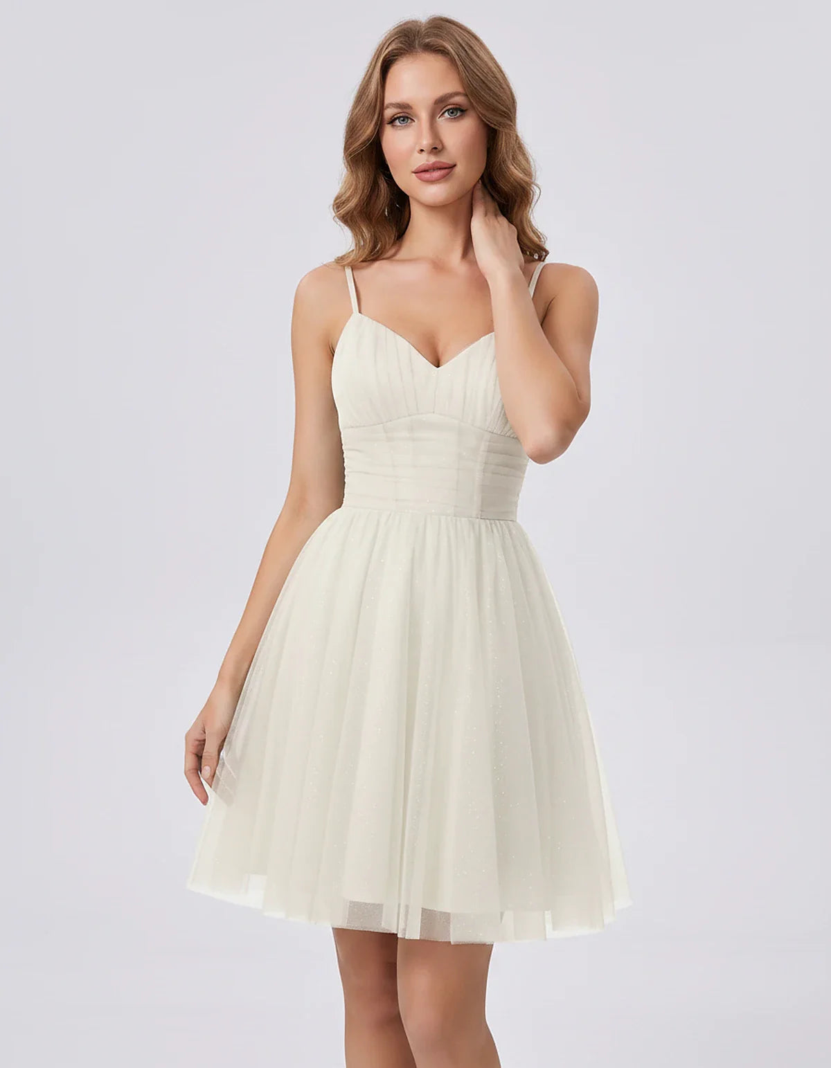 Polyester Tulle Spaghetti Strap V Neck A Line Mini Dress for Party Cocktail Evening Wedding Guest Summer Events Elegant Spark | SKU: MD-482915736102583-IVORY-L,MD-482915736102583-IVORY-M,MD-482915736102583-IVORY-S,MD-482915736102583-IVORY-XL,MD-482915736102583-IVORY-XS