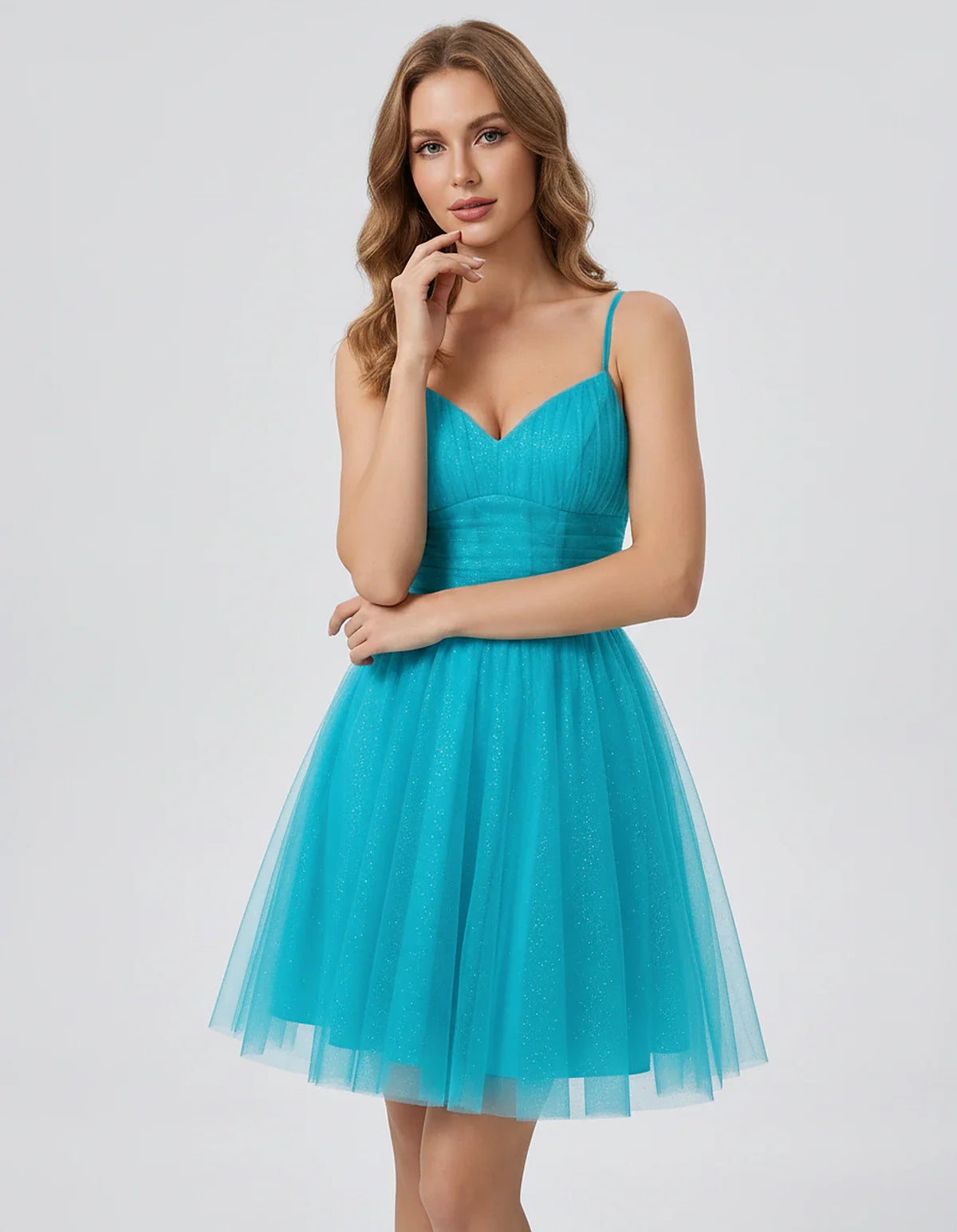 Polyester Tulle Spaghetti Strap V Neck A Line Mini Dress for Party Cocktail Evening Wedding Guest Summer Events Elegant Spark | SKU: MD-482915736102583-AQUA-L,MD-482915736102583-AQUA-M,MD-482915736102583-AQUA-S,MD-482915736102583-AQUA-XL,MD-482915736102583-AQUA-XS