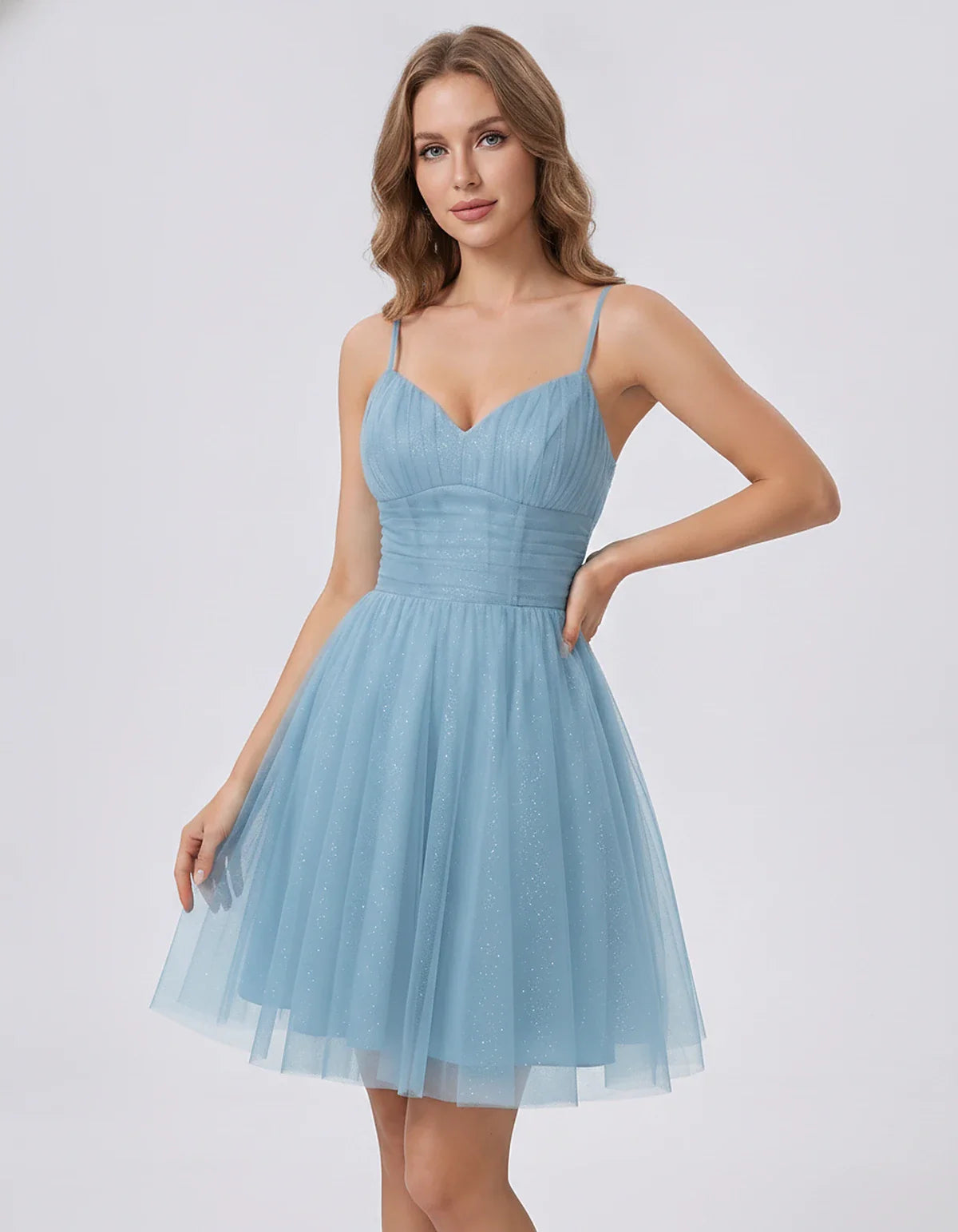 Polyester Tulle Spaghetti Strap V Neck A Line Mini Dress for Party Cocktail Evening Wedding Guest Summer Events Elegant Spark | SKU: MD-482915736102583-DUSTYBLUE-L,MD-482915736102583-DUSTYBLUE-M,MD-482915736102583-DUSTYBLUE-S,MD-482915736102583-DUSTYBLUE-XL,MD-482915736102583-DUSTYBLUE-XS
