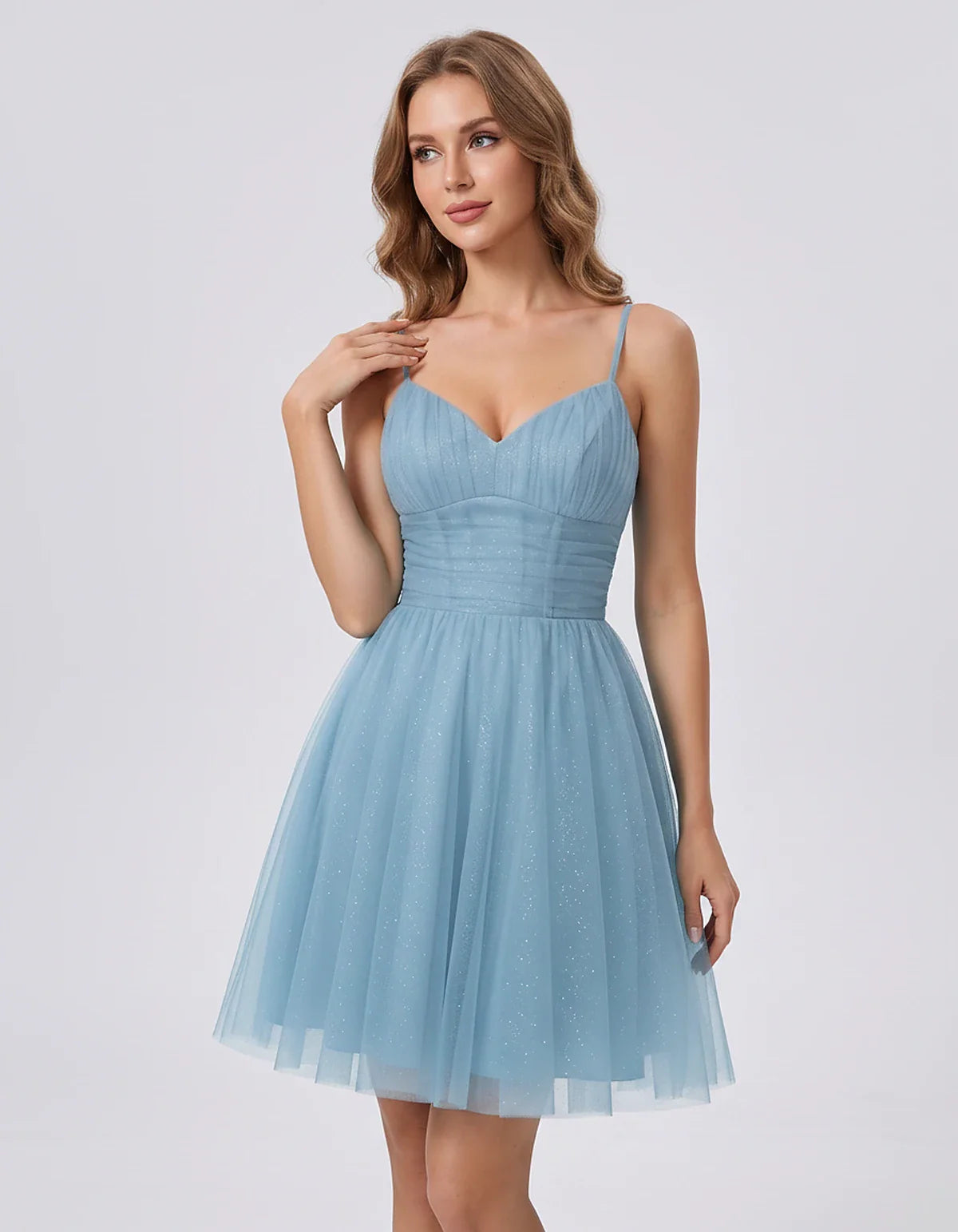 Polyester Tulle Spaghetti Strap V Neck A Line Mini Dress for Party Cocktail Evening Wedding Guest Summer Events Elegant Spark | SKU: MD-482915736102583-DUSTYBLUE-L,MD-482915736102583-DUSTYBLUE-M,MD-482915736102583-DUSTYBLUE-S,MD-482915736102583-DUSTYBLUE-XL,MD-482915736102583-DUSTYBLUE-XS