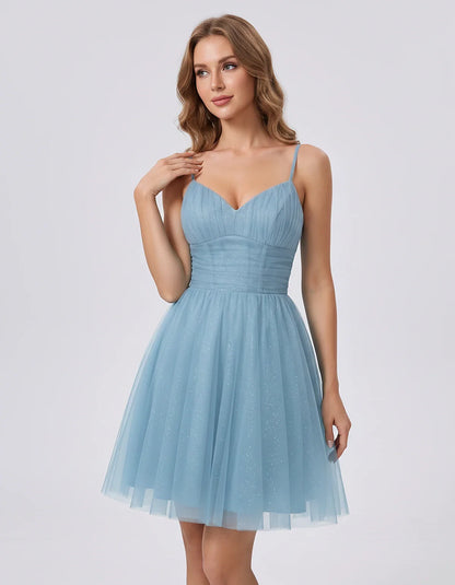 Polyester Tulle Spaghetti Strap V Neck A Line Mini Dress for Party Cocktail Evening Wedding Guest Summer Events Elegant Spark | SKU: MD-482915736102583-DUSTYBLUE-L,MD-482915736102583-DUSTYBLUE-M,MD-482915736102583-DUSTYBLUE-S,MD-482915736102583-DUSTYBLUE-XL,MD-482915736102583-DUSTYBLUE-XS