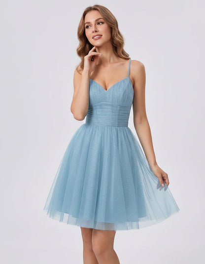Polyester Tulle Spaghetti Strap V Neck A Line Mini Dress for Party Cocktail Evening Wedding Guest Summer Events Elegant Spark | SKU: MD-482915736102583-DUSTYBLUE-L,MD-482915736102583-DUSTYBLUE-M,MD-482915736102583-DUSTYBLUE-S,MD-482915736102583-DUSTYBLUE-XL,MD-482915736102583-DUSTYBLUE-XS