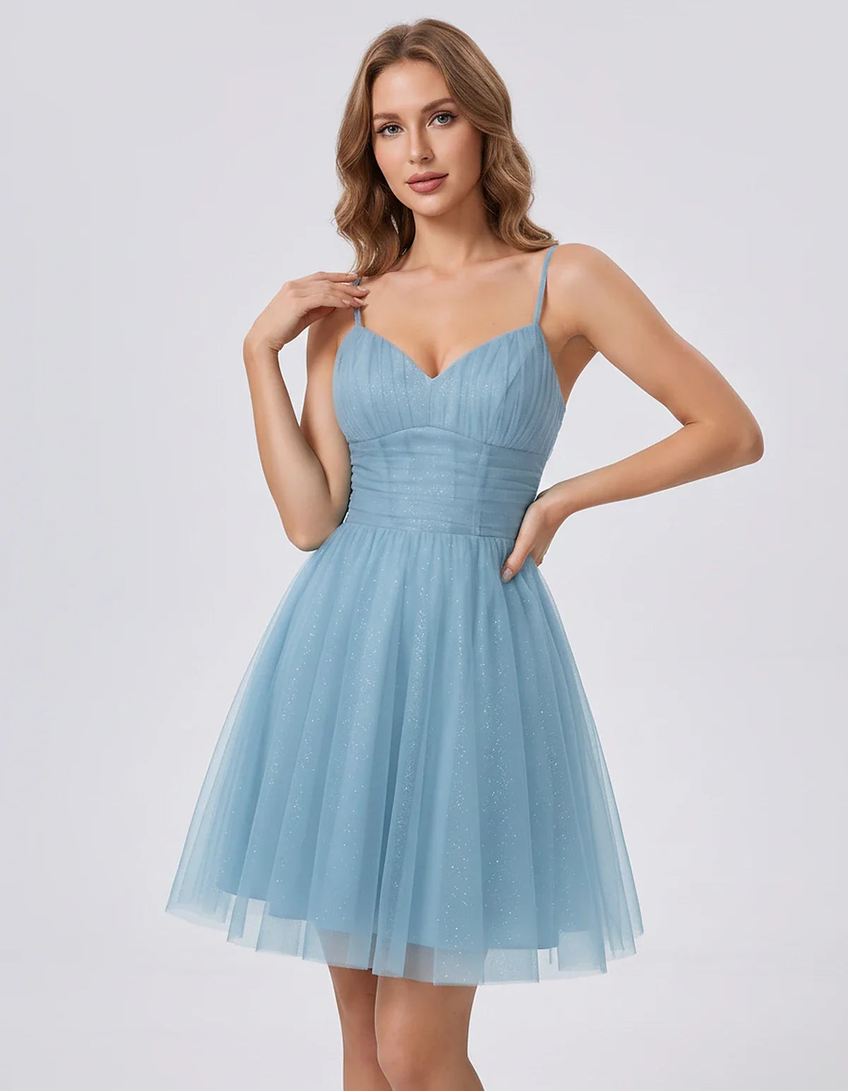 Polyester Tulle Spaghetti Strap V Neck A Line Mini Dress for Party Cocktail Evening Wedding Guest Summer Events Elegant Spark | SKU: MD-482915736102583-DUSTYBLUE-L,MD-482915736102583-DUSTYBLUE-M,MD-482915736102583-DUSTYBLUE-S,MD-482915736102583-DUSTYBLUE-XL,MD-482915736102583-DUSTYBLUE-XS