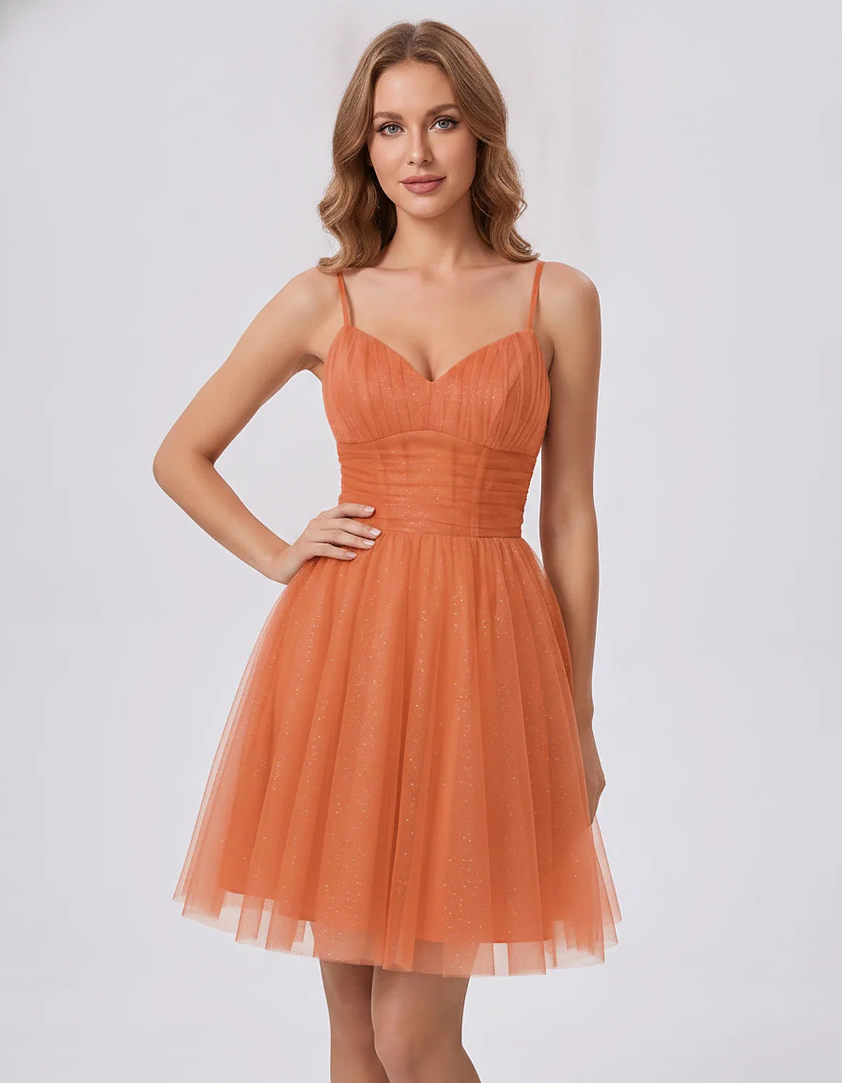 Polyester Tulle Spaghetti Strap V Neck A Line Mini Dress for Party Cocktail Evening Wedding Guest Summer Events Elegant Spark | SKU: MD-482915736102583-ORANGE-L,MD-482915736102583-ORANGE-M,MD-482915736102583-ORANGE-S,MD-482915736102583-ORANGE-XL,MD-482915736102583-ORANGE-XS