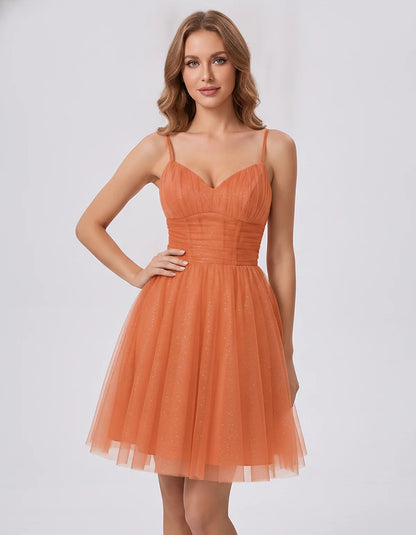 Polyester Tulle Spaghetti Strap V Neck A Line Mini Dress for Party Cocktail Evening Wedding Guest Summer Events Elegant Spark | SKU: MD-482915736102583-ORANGE-L,MD-482915736102583-ORANGE-M,MD-482915736102583-ORANGE-S,MD-482915736102583-ORANGE-XL,MD-482915736102583-ORANGE-XS