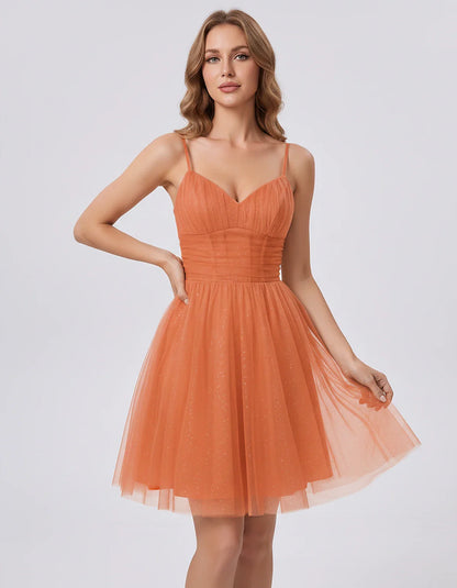 Polyester Tulle Spaghetti Strap V Neck A Line Mini Dress for Party Cocktail Evening Wedding Guest Summer Events Elegant Spark | SKU: MD-482915736102583-ORANGE-L,MD-482915736102583-ORANGE-M,MD-482915736102583-ORANGE-S,MD-482915736102583-ORANGE-XL,MD-482915736102583-ORANGE-XS