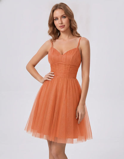 Polyester Tulle Spaghetti Strap V Neck A Line Mini Dress for Party Cocktail Evening Wedding Guest Summer Events Elegant Spark | SKU: MD-482915736102583-ORANGE-L,MD-482915736102583-ORANGE-M,MD-482915736102583-ORANGE-S,MD-482915736102583-ORANGE-XL,MD-482915736102583-ORANGE-XS